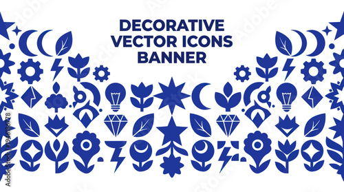 Decorative Vector Icons Banner with Blue Symbols.