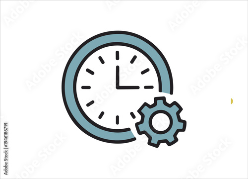 A stylized clock icon with a gear component representing time management