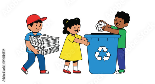 Three diverse children participate in paper recycling, with one boy carrying papers, a girl by the bin, and another boy dropping crumpled paper.