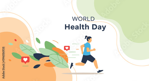World Health Day vector illustration with running person and healthy food