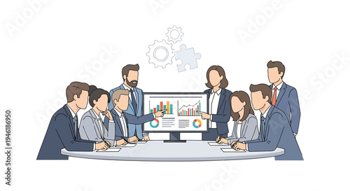 Vector illustration of business team meeting around a computer