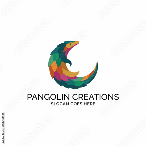 A vibrant and artistic logo design featuring a stylized pangolin, representing creativity and innovation for a brand named Pangolin Creations, suitable for various uses.
