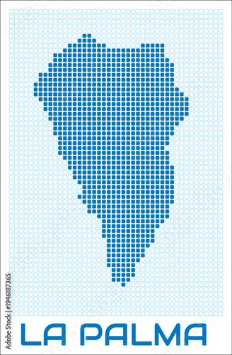 La Palma digital style map with blue rounded rectangle dots. Spain. Dotted shape of the island. La Palma blue colored map and title on white background. Classy Vector Illustration.