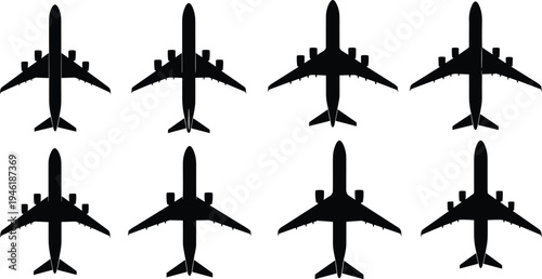 Airplane top view silhouette collection, passenger aircraft flying transport aviation airline travel jet concept illustration