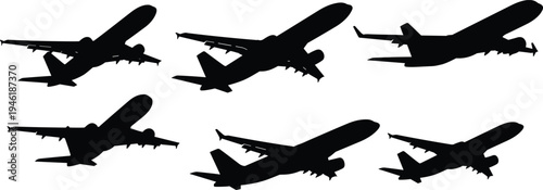 Airplane silhouettes set in flight, commercial passenger aircraft collection isolated on white background vector illustration design