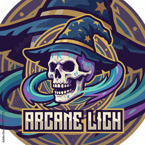 This logo features a mystical lich with a wizard hat and floating magic, capturing themes of fantasy, magic, and the supernatural in a unique artistic style.