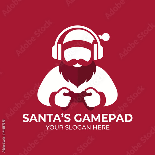 A charming logo depicting Santa Claus wearing headphones and holding a game controller, perfect for a gaming company with a holiday twist and festive theme.