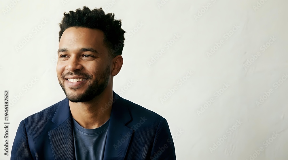 Obraz premium Happy young African American businessman in navy suit smiling confidently against neutral background for corporate marketing and professional headshot use.