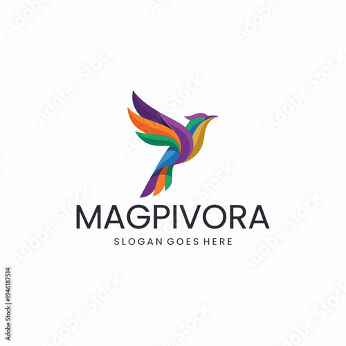 A colorful and artistic logo of a bird, embodying joy and vibrancy for a brand named Magpivora, designed to inspire and attract attention in a bright and playful way.