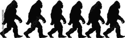 Bigfoot walking silhouette sequence, sasquatch creature evolution concept, mythical monster movement, cryptid legend illustration, black and white vector set