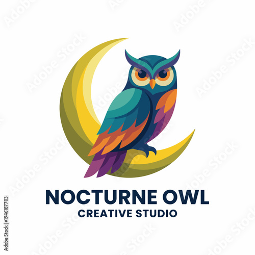 A beautifully illustrated owl perched on a crescent moon represents wisdom and nocturnal beauty, melding vibrant colors with a creative artistic style for a unique visual impact.