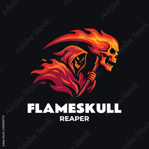 This striking logo features a flameskull reaper, symbolizing power and intensity, suiting brands that wish to convey a bold and thrilling identity in gaming or entertainment.