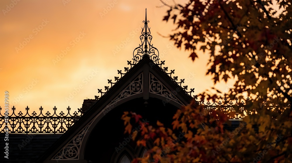 Obraz premium Ornate Victorian house roofline with decorative gingerbread trim silhouetted against golden sunset sky creating atmospheric architectural scene.