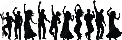 Dancing people silhouette collection, men and women party dancers isolated on white background vector illustration for nightlife celebration concept