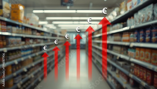 Red arrows with Euro symbols illustrate rising inflation and increasing prices in a grocery store aisle.
