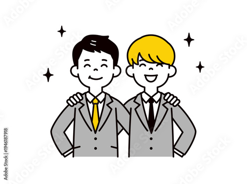 肩を組んで団結・協力する、若い同僚・会社員・サラリーマンの上半身ベクターイラスト素材