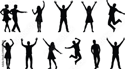 Dancing People Silhouettes Collection Vector Illustration, Happy Men And Women Jumping Celebrating Party Poses Isolated On White Background