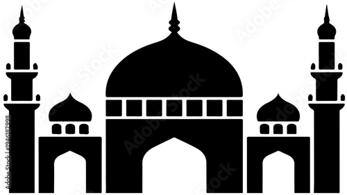 A black silhouette of a mosque on a white background