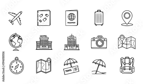 Travel line icon set with airplane suitcase passport map hotel and tourism outline symbols