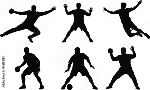 Handball player silhouette set showing jumping throwing defending and dribbling actions isolated on white background dynamic team sport illustration