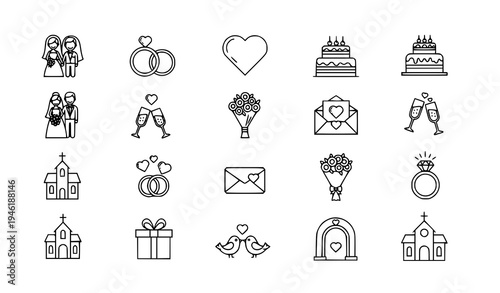 Wedding line icon set with bride groom rings cake bouquet and romantic invitation symbols