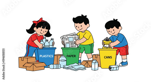 Children learn to recycle waste by diligently sorting plastics, paper, and cans into their respective colored bins to promote environmental awareness.