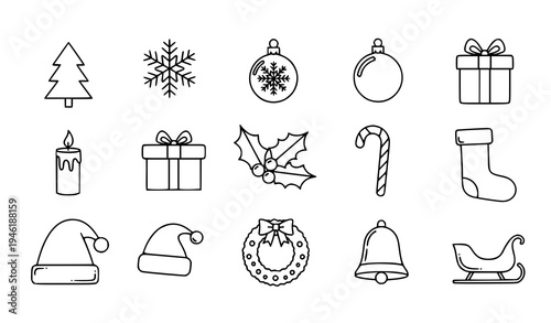 Christmas line icon set isolated on white with tree ornament gift snowflake and holiday symbols