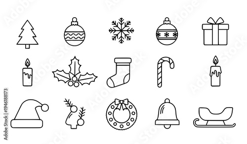 Modern Christmas outline icon set isolated on white with tree ornament gift and festive symbols