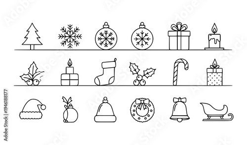 Black outline Christmas icon set with tree ornament gift snowflake candle and holiday symbols