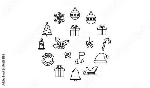 Modern Christmas outline icon collection with tree ornament gift snowflake and holiday symbols