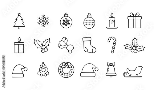 Christmas line icon set with tree ornament gift snowflake candle and holiday symbols