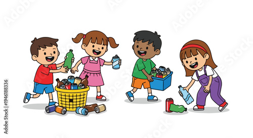 Four cheerful children with diverse backgrounds actively sort and collect plastic bottles and aluminum cans for recycling, promoting environmental awareness.