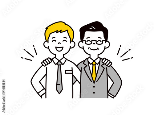 仲良く肩を組む、上司と部下、若いビジネスマンとミドル世代の社長の上半身ベクターイラスト素材