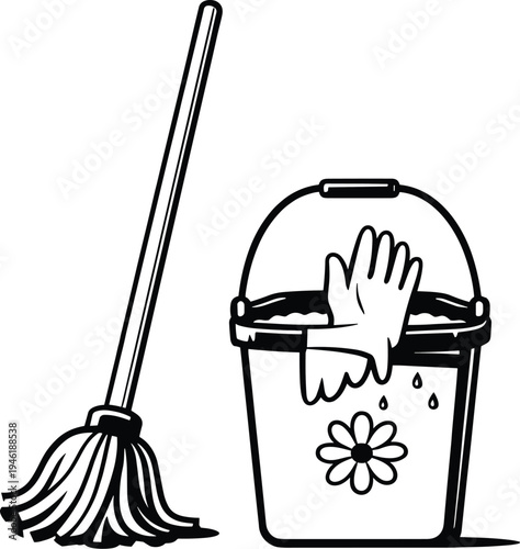 Cleaning, mop, bucket, housekeeping, hygiene, equipment, sanitation, vector, illustration, black, white, isolated, household, supplies, wash, maintenance, service, tool, domestic, icon