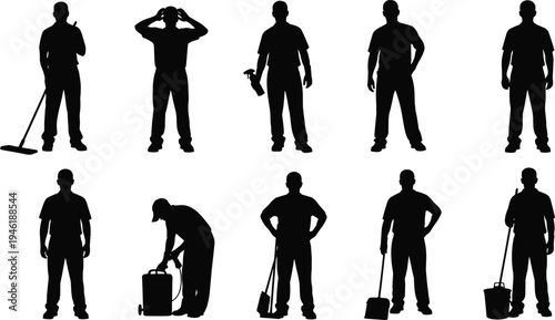 cleaner, janitor, worker, cleaning, service, silhouette, maintenance, housekeeping, sanitation, staff, equipment, people, black, vector, isolated, set, profession, hygiene, work, illustration