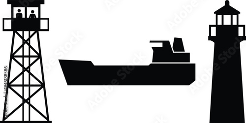 Coast guard watchtower, patrol boat and lighthouse silhouettes, maritime security and navigation concept isolated on white background illustration