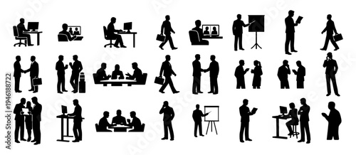 Business People Silhouette Set – Office Workers, Corporate Meeting, Teamwork and Professional Workplace Icons