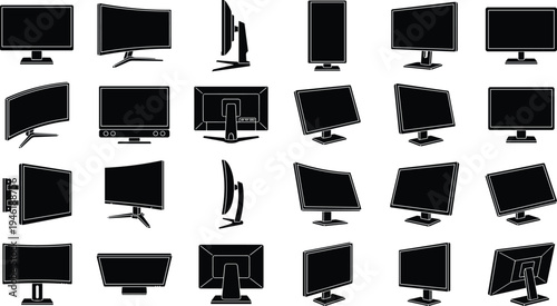 Computer monitor silhouette set, modern desktop display screens in multiple angles isolated on white background vector collection