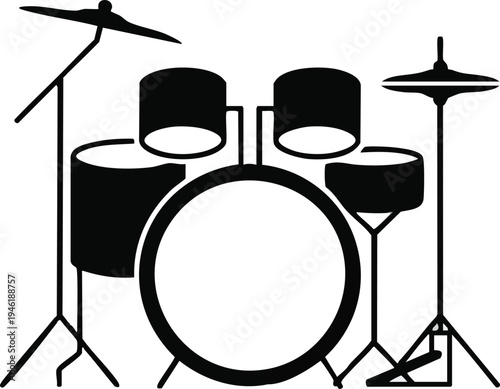 Black and white illustration of a drum kit.