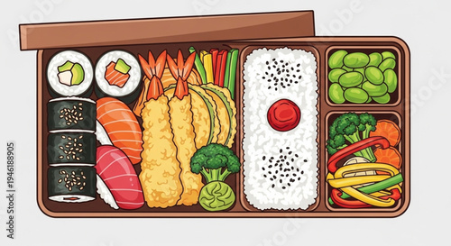 Japanese Bento Box Illustration with Sushi, Tempura, and Rice