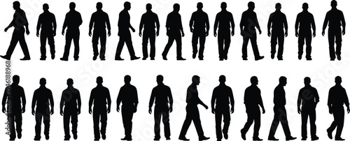 Walking man silhouette collection showing different walking poses isolated on white background human movement pedestrian lifestyle illustration set