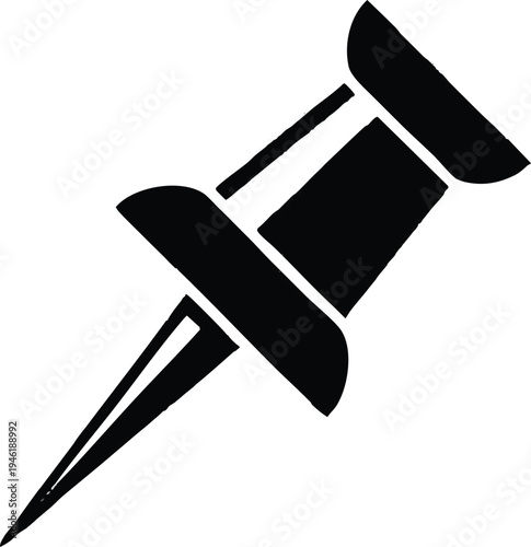 Black and white silhouette of a thumbtack.