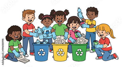 A diverse group of happy children wearing gloves sorts plastic bottles, cans, and paper into blue, yellow, and green recycling bins.
