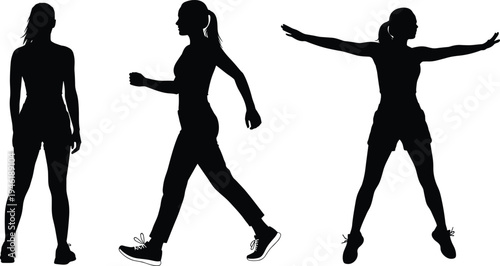 Woman fitness silhouettes showing standing, walking and exercise poses isolated on white background healthy lifestyle sport activity set