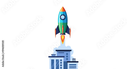 Rocket Launching From City Buildings, Space Exploration Concept