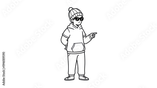 A young boy wearing a beanie and sunglasses pointing to the side.