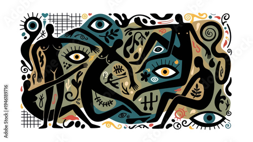 Abstract figures and eyes in a vibrant, surreal composition.