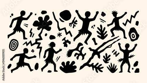 Ancient Cave Paintings Depicting Primitive Human Figures and Abstract Symbols.