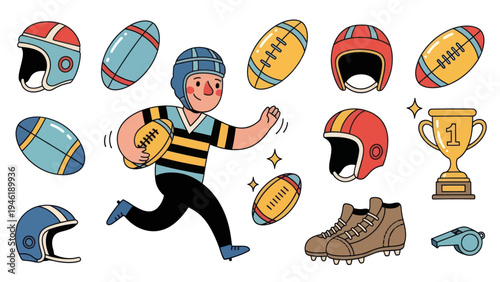 Cartoon illustration of a boy playing American football with various sports equipment.