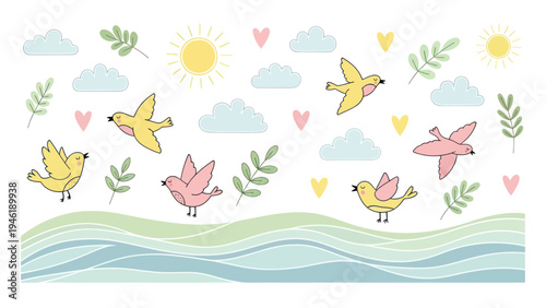 Charming cartoon birds flying and standing in a whimsical landscape.